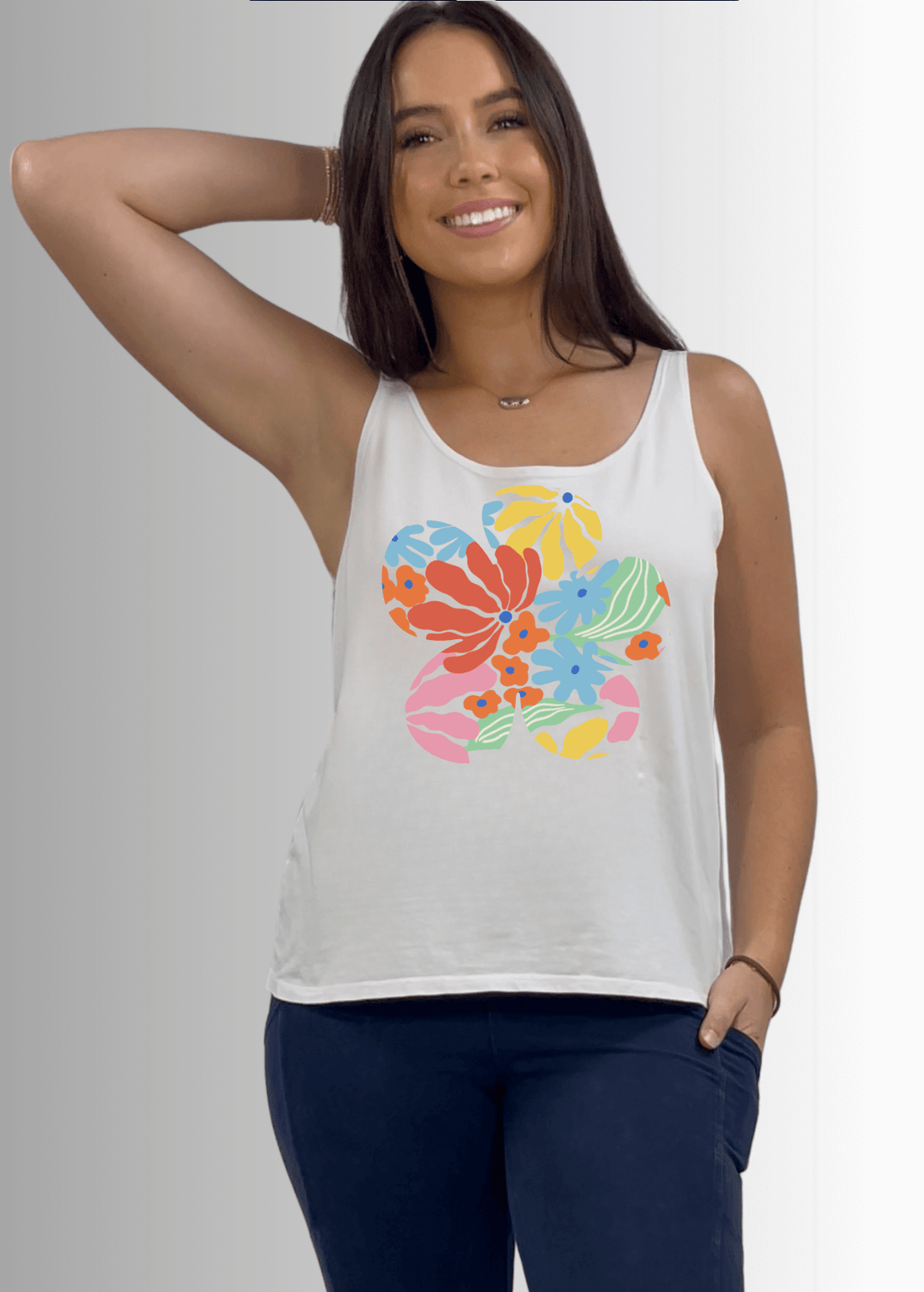 Made in USA Colorful Groovy Flower Graphic Women's Sustainable durable premium America-made cotton tank top | Classy Cozy Cool Made in USA Boutique