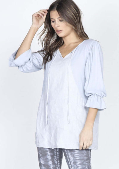 USA Made Ladies Frosty Blue Cotton & Linen Ruffled Sleeve Tie Neck Tunic Superb American Quality | Classy Cozy Cool Made in America Women's Clothing Boutique 
