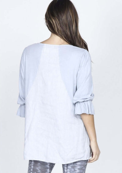 USA Made Ladies Frosty Blue Cotton & Linen Ruffled Sleeve Tie Neck Tunic Superb American Quality | Classy Cozy Cool Made in America Women's Clothing Boutique 