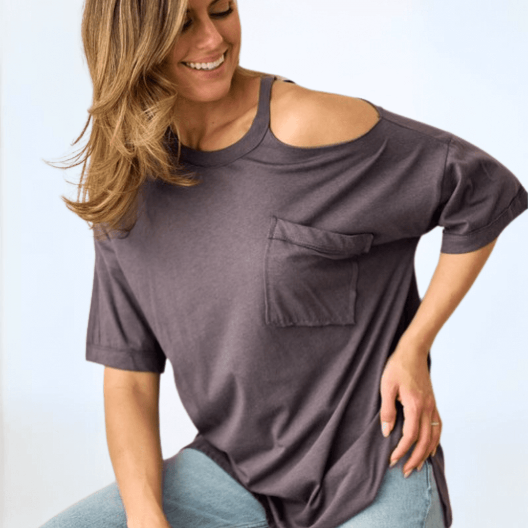 Made in USA Women's One Shoulder Cut Out Relaxed Fit Tee Short Sleeves Slouchy Front Patch Pocket with Raw Edge Detail, Oversized Fit, Side Slits 100% Cotton in Charcoal Grey | Classy Cozy Cool Women's Made in America Boutique