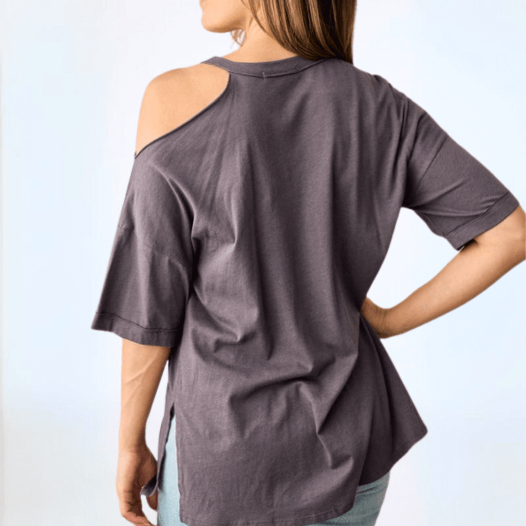 Made in USA Women's One Shoulder Cut Out Relaxed Fit Tee Short Sleeves Slouchy Front Patch Pocket with Raw Edge Detail, Oversized Fit, Side Slits 100% Cotton in Charcoal Grey | Classy Cozy Cool Women's Made in America Boutique