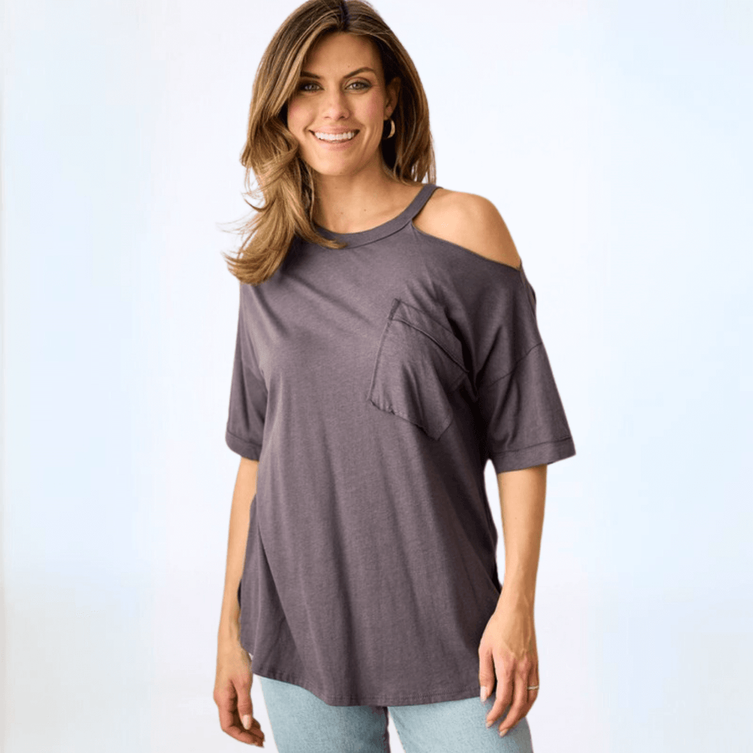 Made in USA Women's One Shoulder Cut Out Relaxed Fit Tee Short Sleeves Slouchy Front Patch Pocket with Raw Edge Detail, Oversized Fit, Side Slits 100% Cotton in Charcoal Grey | Classy Cozy Cool Women's Made in America Boutique