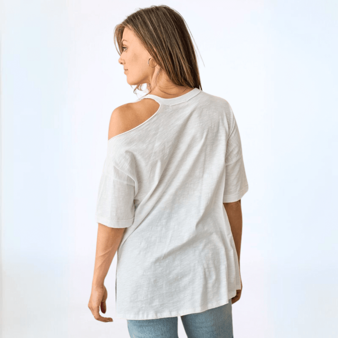 Made in USA Women's One Shoulder Cut Out Relaxed Fit Tee Short Sleeves Slouchy Front Patch Pocket with Raw Edge Detail, Oversized Fit, Side Slits 100% Cotton in White | Classy Cozy Cool Women's Made in America Boutique