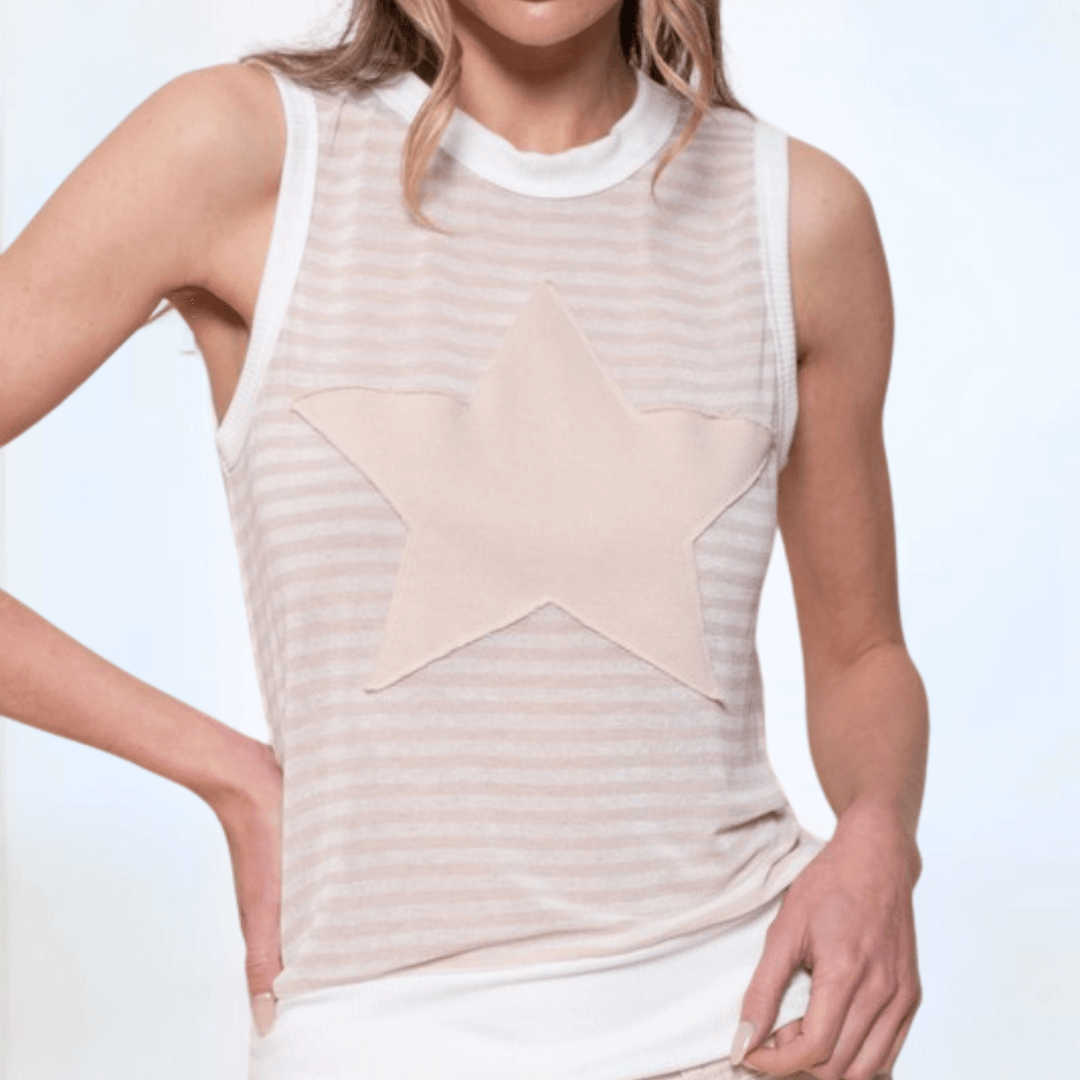 USA Made Women's Semi-Sheer Fitted Cute Striped Tank Top with Applique Star Detail and Contrast Banded Neck & Hem, Very Lightweight in Taupe | Classy Cozy Cool Made in America Boutique