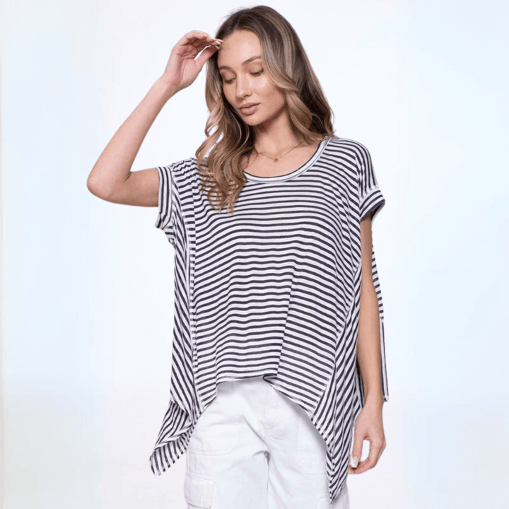 Made in USA Women's Lightweight Slouchy Handkerchief Hem Semi-Sheer Black & White Striped Oversized Top | Classy Cozy Cool Made in America Boutique