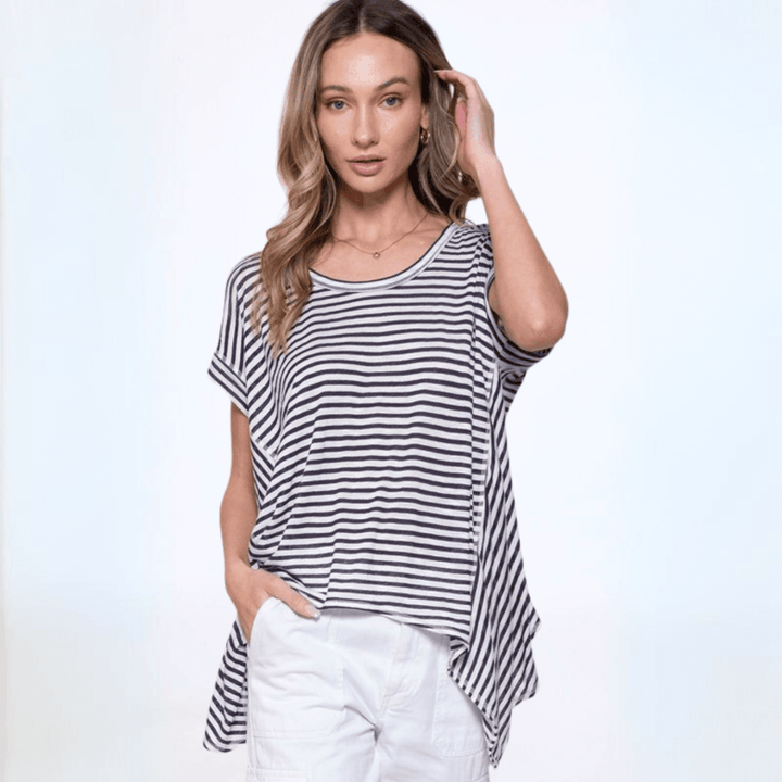Made in USA Women's Lightweight Slouchy Handkerchief Hem Semi-Sheer Black & White Striped Oversized Top | Classy Cozy Cool Made in America Boutique