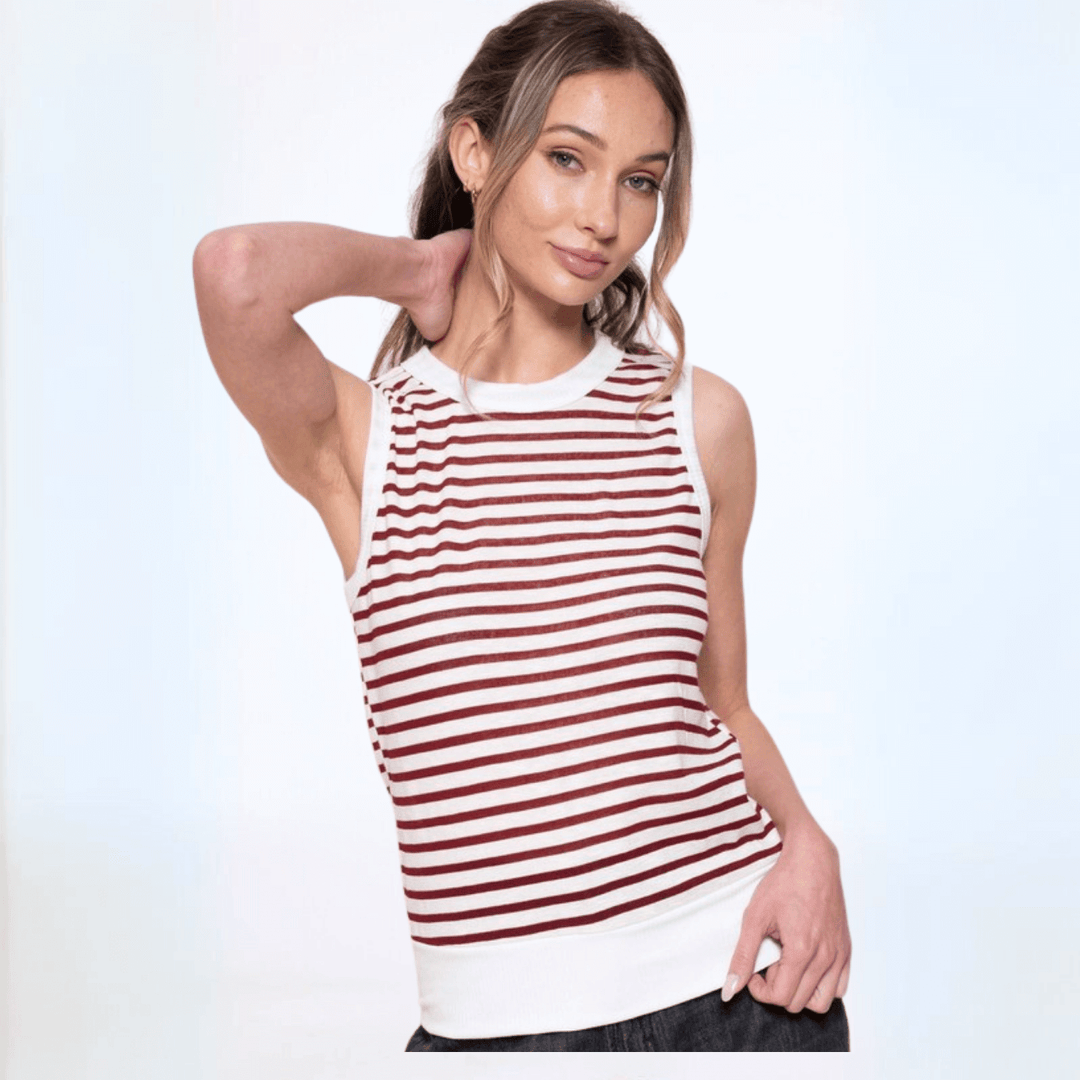 USA Made Women's Semi-Sheer Fitted Cute Striped Tank Top with Contrast Banded Neck & Hem, Very Lightweight in Burgundy | Classy Cozy Cool Made in America Boutique