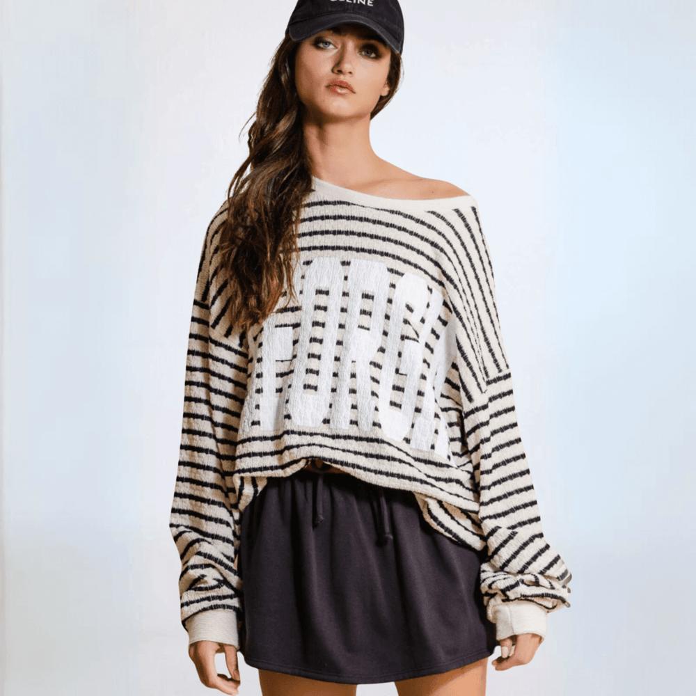 Made in USA Textured "GEORGIA" Graphic Oversized Game Day Textured Sweatshirt with Crew Neck and Long Sleeves in Black and Cream Stripes | Bucket List Style T1770