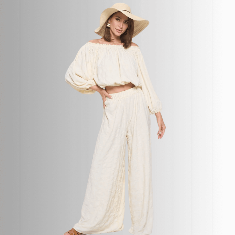 Made in USA Women's Textured Cream Bubble Sleeve Top and Wide Leg Palazzo Pants with Elastic Waist | Renee C Style 4788TP and 4789PT | Classy Cozy Cool Made in America Boutique