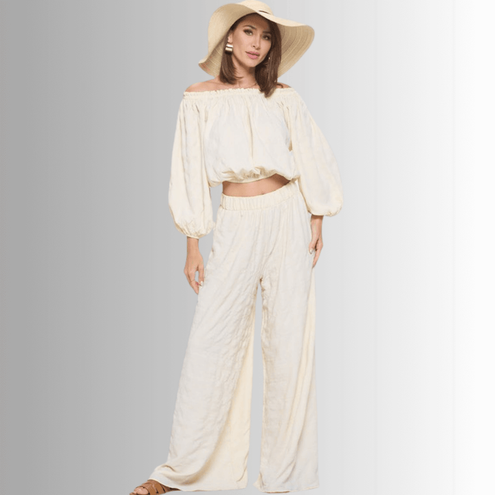 Made in USA Women's Textured Cream Bubble Sleeve Top and Wide Leg Palazzo Pants with Elastic Waist | Renee C Style 4788TP and 4789PT | Classy Cozy Cool Made in America Boutique