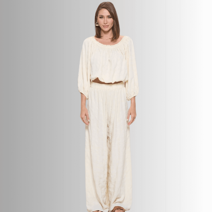 Made in USA Women's Textured Cream Bubble Sleeve Top and Wide Leg Palazzo Pants with Elastic Waist | Renee C Style 4788TP and 4789PT | Classy Cozy Cool Made in America Boutique