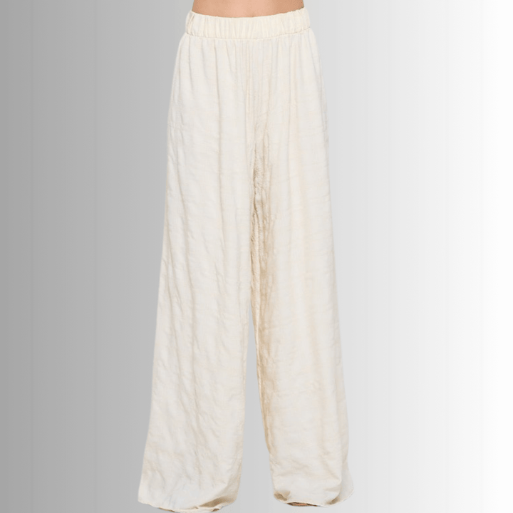 Made in USA Women's Textured Cream Wide Leg Palazzo Pants with Elastic Waist | Renee C Style 4789PT | Classy Cozy Cool Made in America Boutique