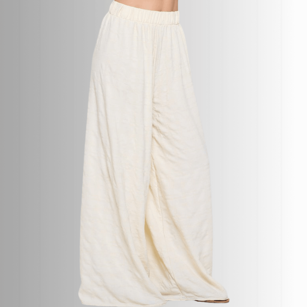 Made in USA Women's Textured Cream Wide Leg Palazzo Pants with Elastic Waist | Renee C Style 4789PT | Classy Cozy Cool Made in America Boutique