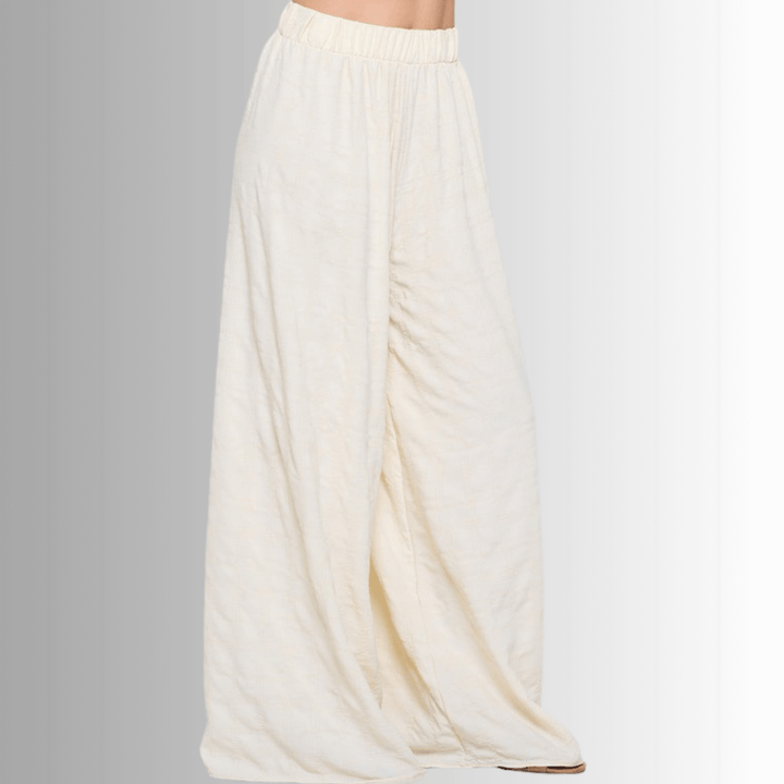 Made in USA Women's Textured Cream Wide Leg Palazzo Pants with Elastic Waist | Renee C Style 4789PT | Classy Cozy Cool Made in America Boutique