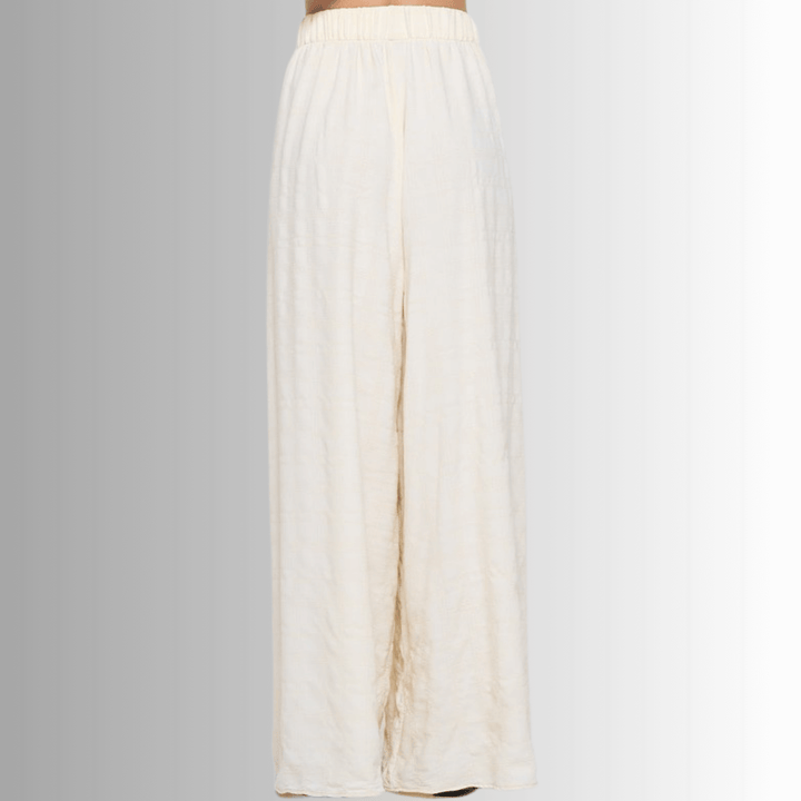 Made in USA Women's Textured Cream Wide Leg Palazzo Pants with Elastic Waist | Renee C Style 4789PT | Classy Cozy Cool Made in America Boutique