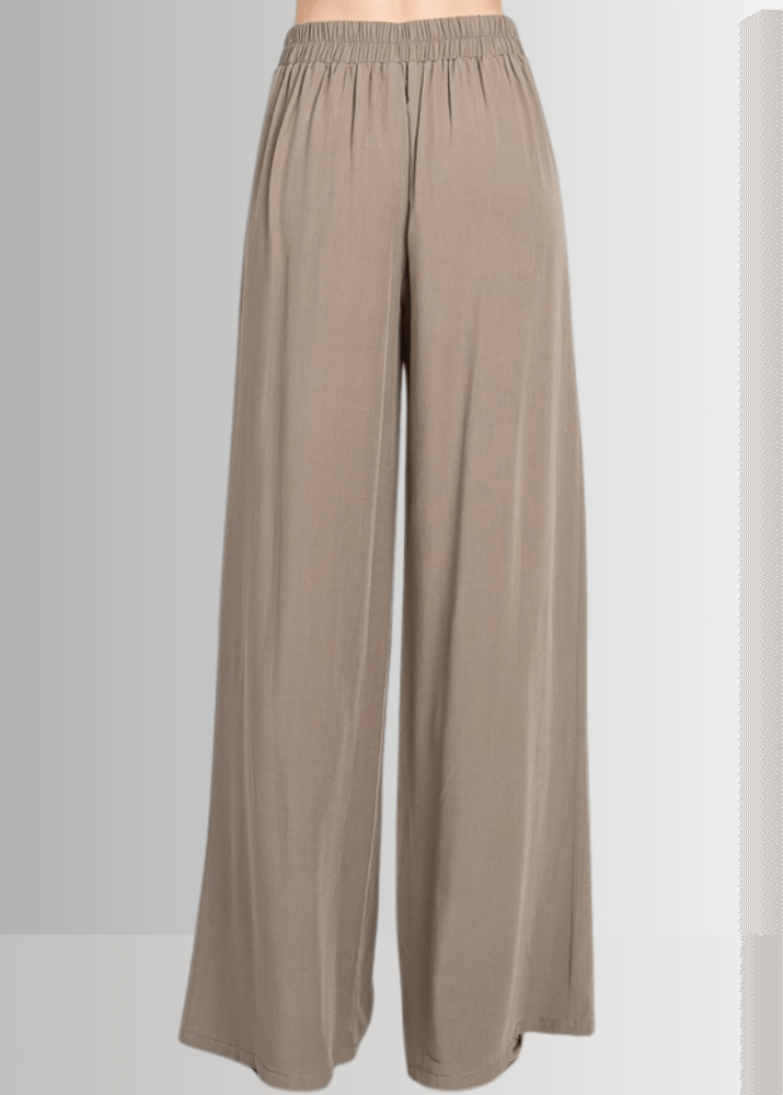 Made in USA Women's Wide Leg Dress Pants with Side Button Detail on Waist, Loose Fit Elastic Waist ,High Waist, Side Pockets in Khaki Olive, 100% Rayon Hatch  | Classy Cozy Cool Made in America Boutique