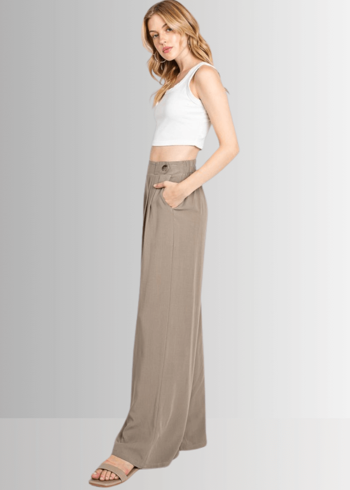 Made in USA Women's Wide Leg Dress Pants with Side Button Detail on Waist, Loose Fit Elastic Waist ,High Waist, Side Pockets in Khaki Olive, 100% Rayon Hatch  | Classy Cozy Cool Made in America Boutique
