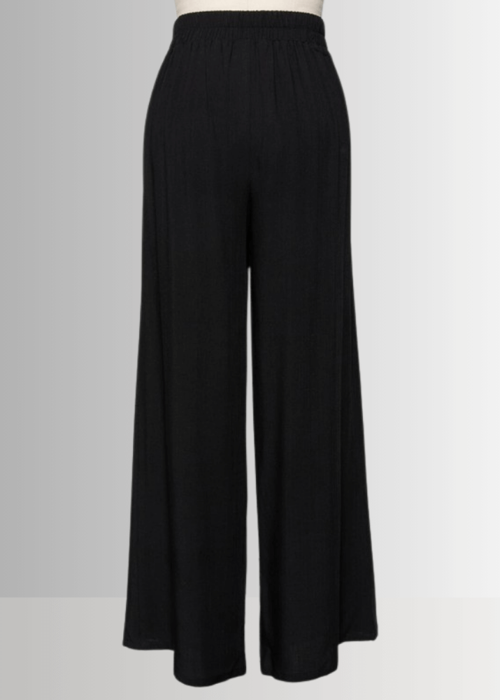 Made in USA Women's Wide Leg Dress Pants with Side Button Detail on Waist, Loose Fit Elastic Waist ,High Waist, Side Pockets in Black, 100% Rayon Hatch  | Classy Cozy Cool Made in America Boutique