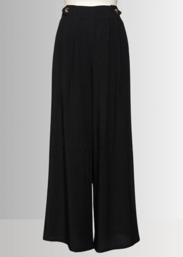 Made in USA Women's Wide Leg Dress Pants with Side Button Detail on Waist, Loose Fit Elastic Waist ,High Waist, Side Pockets in Black, 100% Rayon Hatch  | Classy Cozy Cool Made in America Boutique