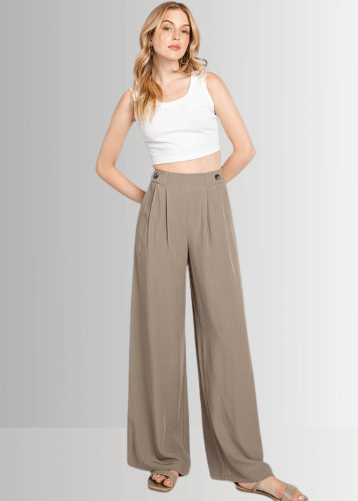 Made in USA Women's Wide Leg Dress Pants with Side Button Detail on Waist, Loose Fit Elastic Waist ,High Waist, Side Pockets in Khaki Olive, 100% Rayon Hatch  | Classy Cozy Cool Made in America Boutique