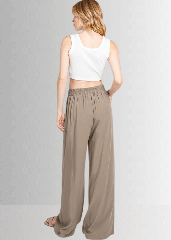Made in USA Women's Wide Leg Dress Pants with Side Button Detail on Waist, Loose Fit Elastic Waist ,High Waist, Side Pockets in Khaki Olive, 100% Rayon Hatch  | Classy Cozy Cool Made in America Boutique