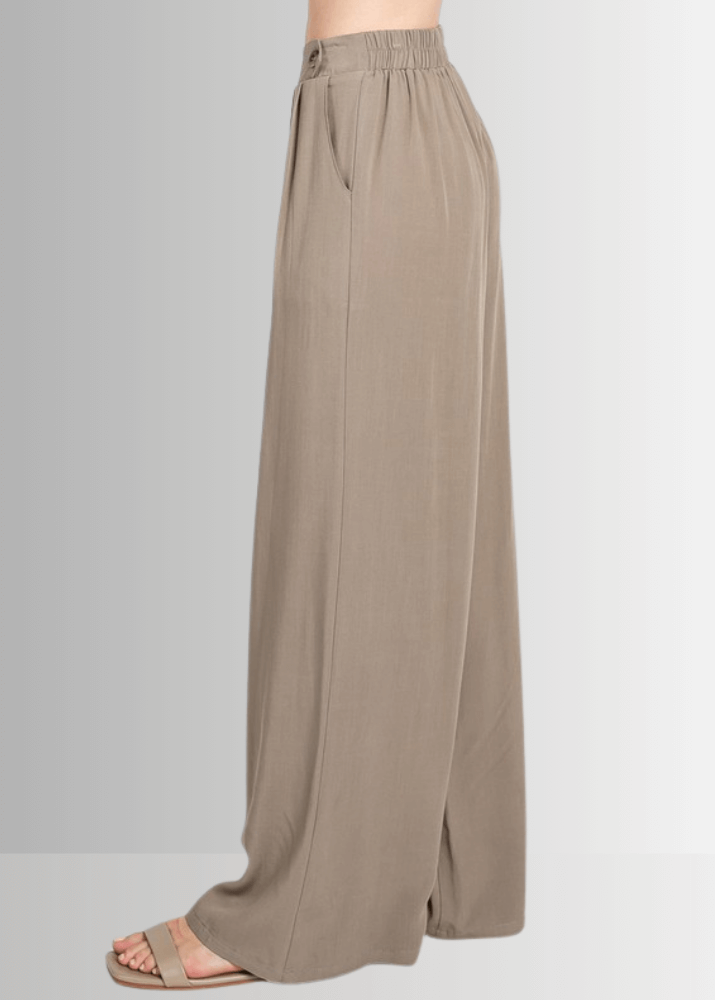 Made in USA Women's Wide Leg Dress Pants with Side Button Detail on Waist, Loose Fit Elastic Waist ,High Waist, Side Pockets in Khaki Olive, 100% Rayon Hatch  | Classy Cozy Cool Made in America Boutique