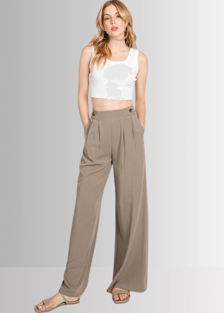 Made in USA Women's Wide Leg Dress Pants with Side Button Detail on Waist, Loose Fit Elastic Waist ,High Waist, Side Pockets in Khaki Olive, 100% Rayon Hatch  | Classy Cozy Cool Made in America Boutique