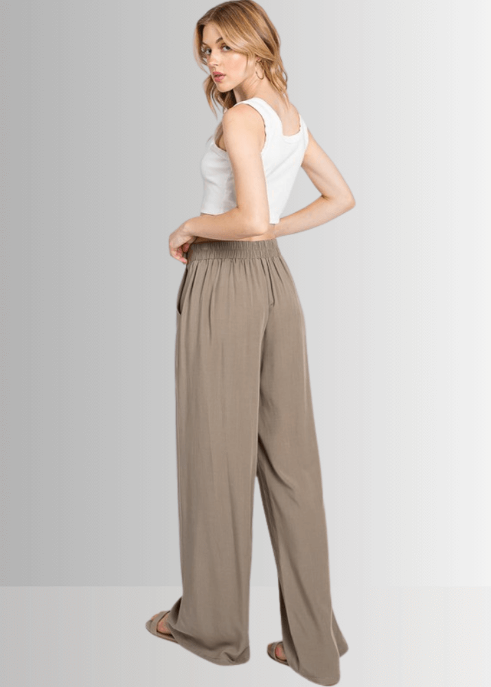 Made in USA Women's Wide Leg Dress Pants with Side Button Detail on Waist, Loose Fit Elastic Waist ,High Waist, Side Pockets in Khaki Olive, 100% Rayon Hatch  | Classy Cozy Cool Made in America Boutique