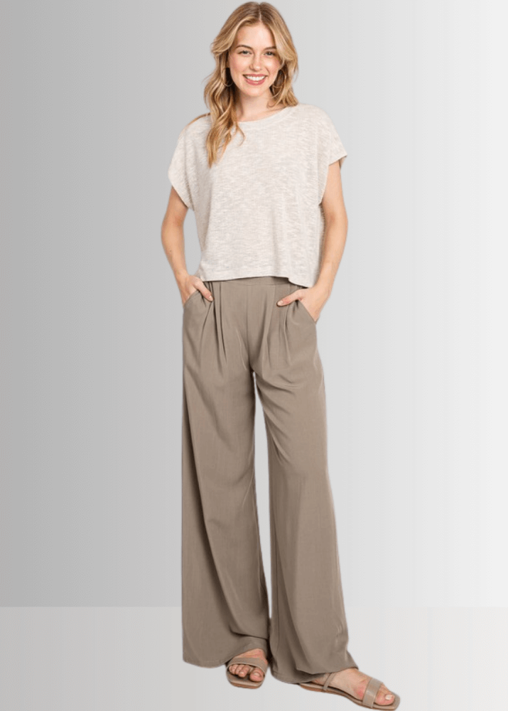 Made in USA Women's Wide Leg Dress Pants with Side Button Detail on Waist, Loose Fit Elastic Waist ,High Waist, Side Pockets in Khaki Olive, 100% Rayon Hatch  | Classy Cozy Cool Made in America Boutique