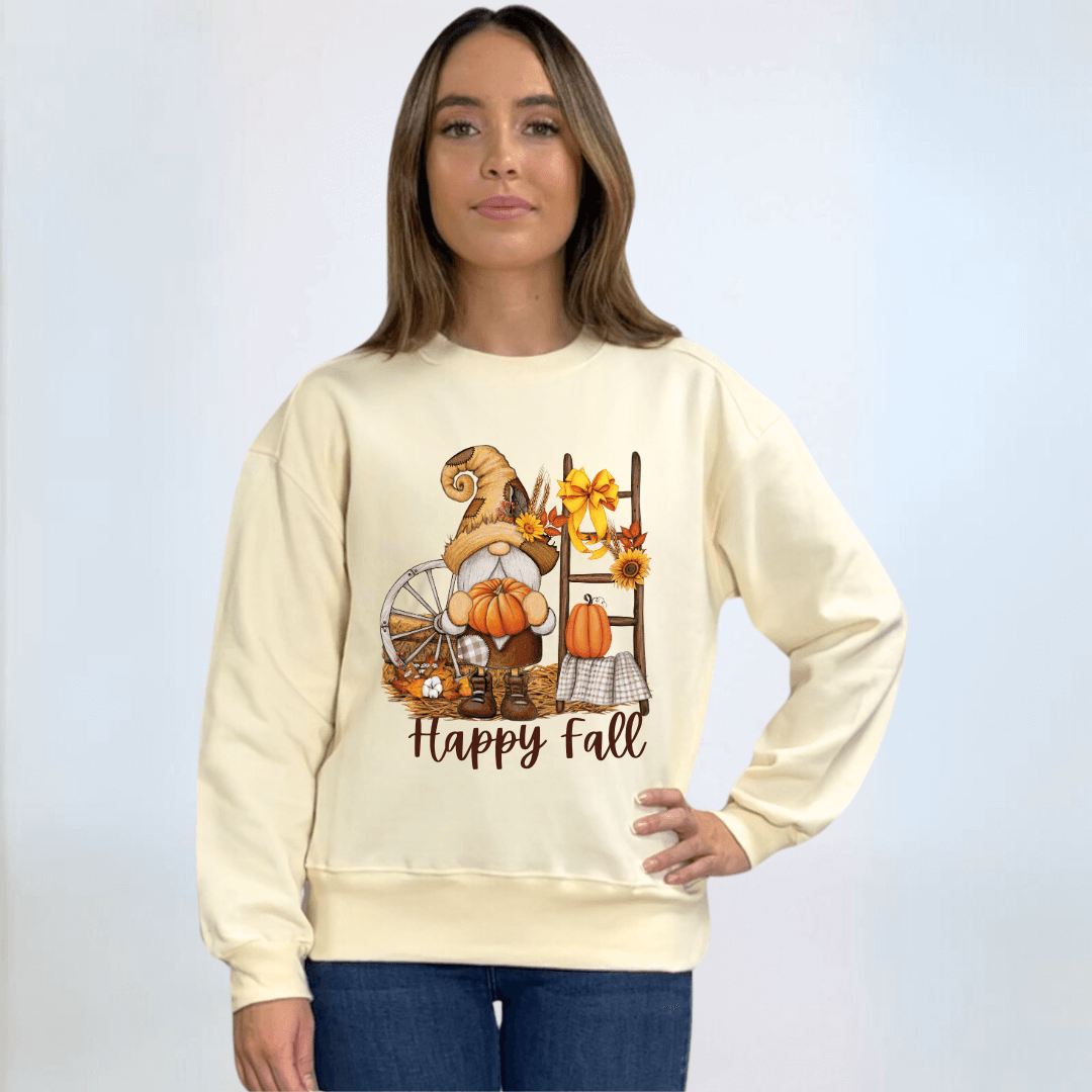 Made in USA Women's Cream Crew Neck Fleece Sweatshirt with Happy Fall Nome Graphic, Heavyweight Cotton Fleece, Drop Shoulder, Relaxed Fit | Classy Cozy Cool Made in America Boutique