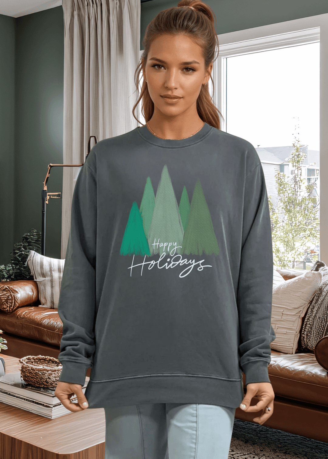 Celebrate the season in comfort with this heavyweight pigment-dyed cotton sweatshirt, featuring a festive holiday tree graphic in rich evergreen. Crafted from 100% cotton with a relaxed, loose-fitting silhouette and crew neck