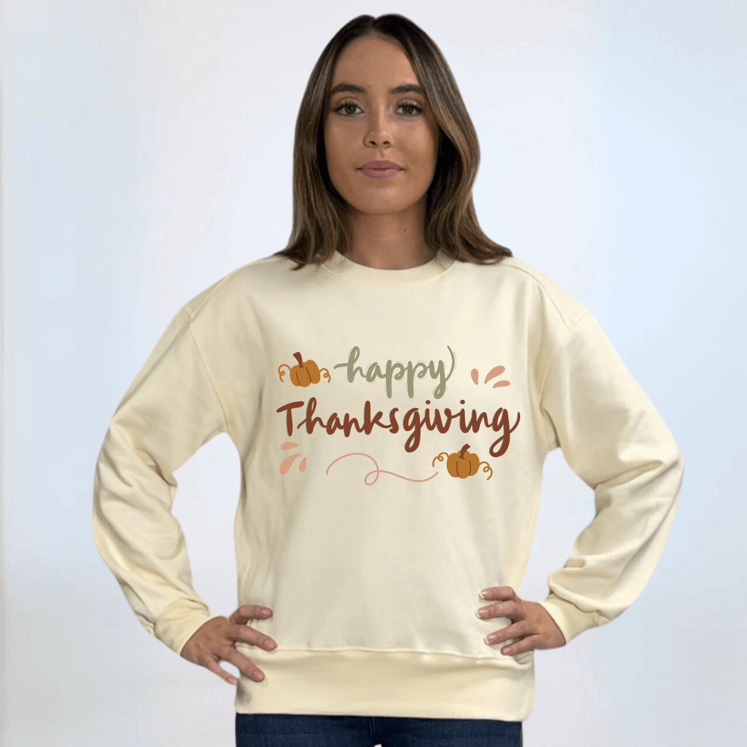 Made in USA Women's Cream Crew Neck Fleece Sweatshirt with Happy Thanksgiving Graphic, Heavyweight Cotton Fleece, Drop Shoulder, Relaxed Fit | Classy Cozy Cool Made in America Boutique