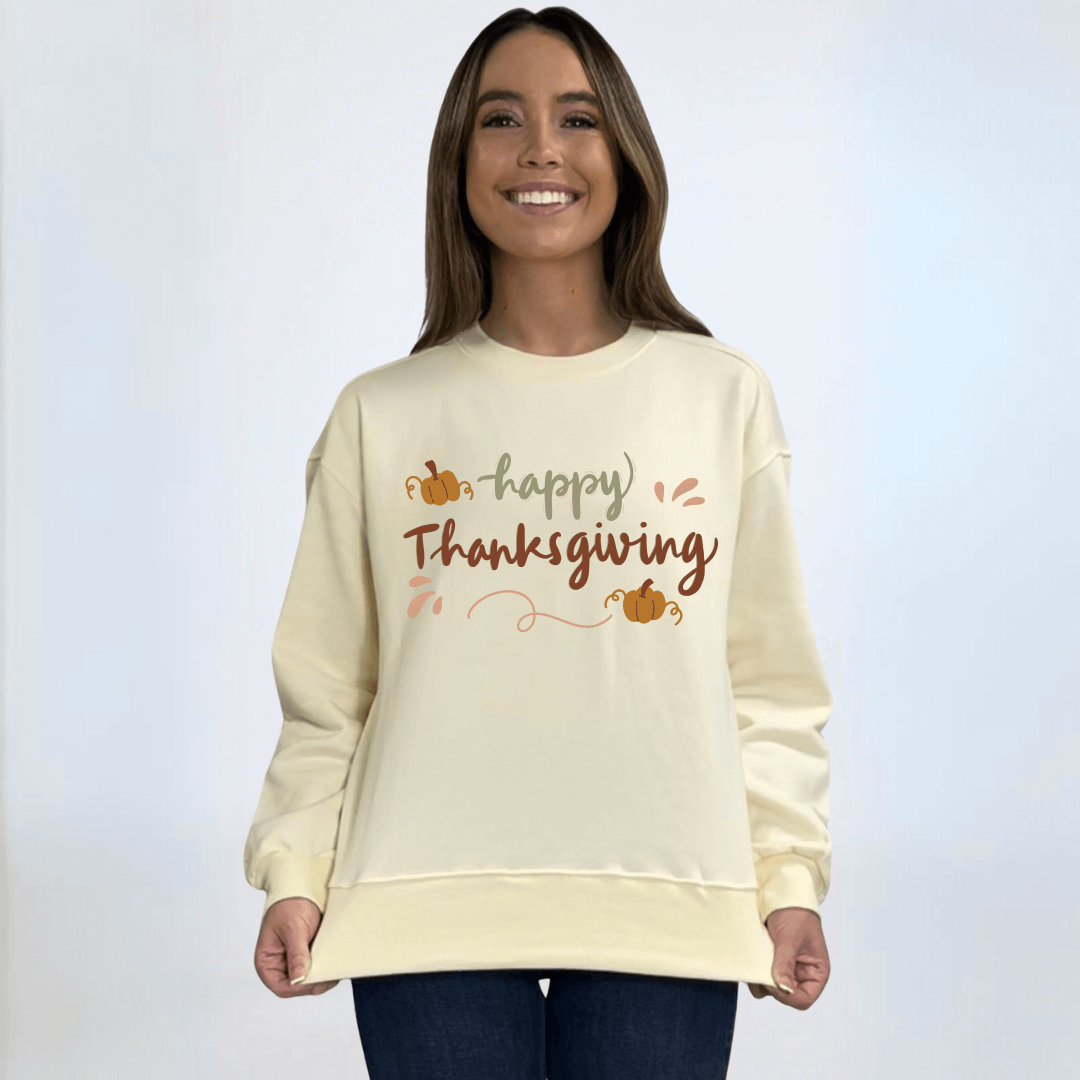 Made in USA Women's Cream Crew Neck Fleece Sweatshirt with Happy Thanksgiving Graphic, Heavyweight Cotton Fleece, Drop Shoulder, Relaxed Fit | Classy Cozy Cool Made in America Boutique