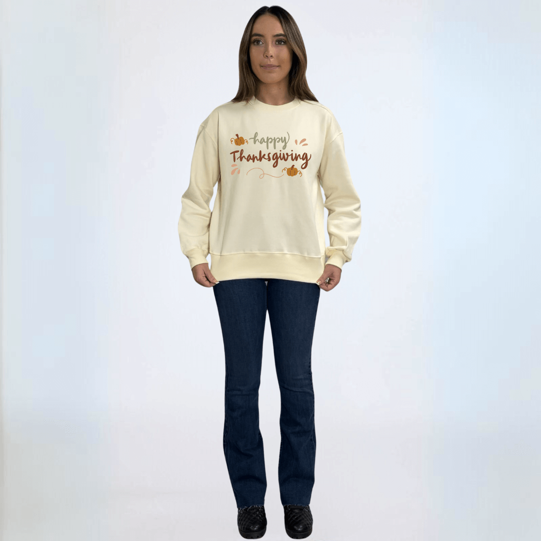 Made in USA Women's Cream Crew Neck Fleece Sweatshirt with Happy Thanksgiving Graphic, Heavyweight Cotton Fleece, Drop Shoulder, Relaxed Fit | Classy Cozy Cool Made in America Boutique