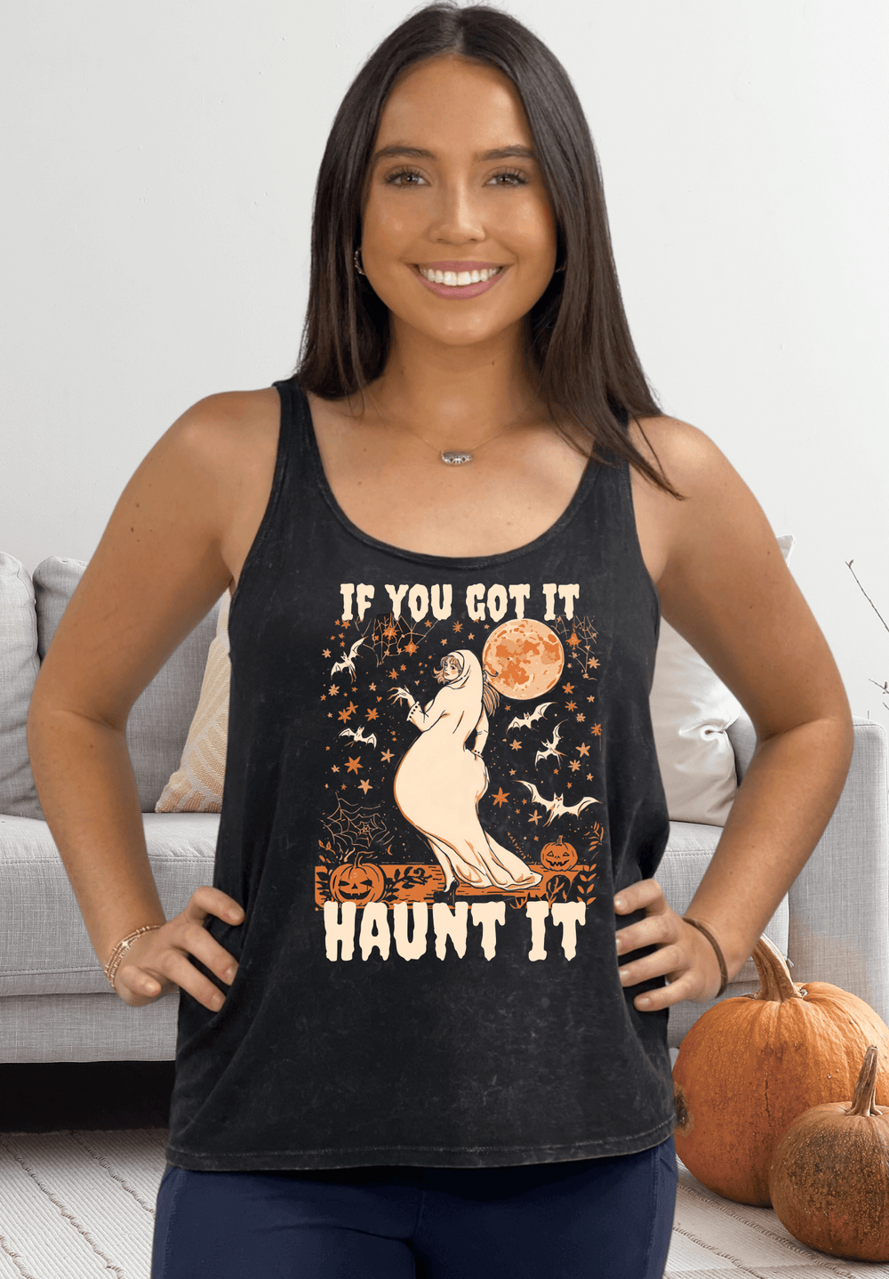 Show off your spooky spirit with this "If you Got it, Haunt it" Halloween tank top. Crafted in USA from mineral washed soft cotton with a comfortable stretch