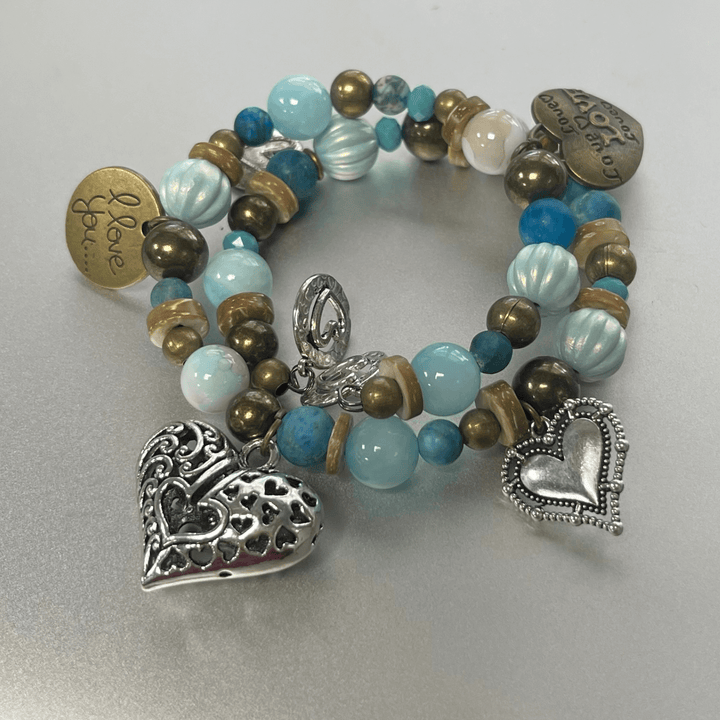 Natural Stone Jewelry Designed and Made in USA, Unique One-of-a-kind Vintage Inspired Loads of Love Heart Pendants Light Aquamarine Layered Wrap Bracelet