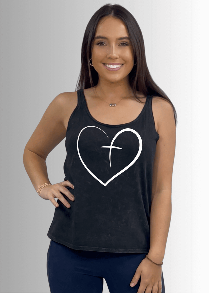 Made in USA Christian White Hear Graphic Women's Sustainable durable premium America-made cotton tank top, Mineral Washed Vintage Look in Black | Classy Cozy Cool Made in America Boutique