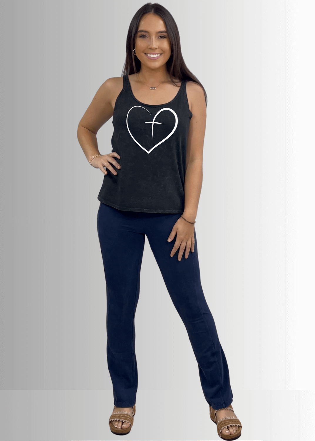 Made in USA Christian White Hear Graphic Women's Sustainable durable premium America-made cotton tank top, Mineral Washed Vintage Look in Black | Classy Cozy Cool Made in America Boutique