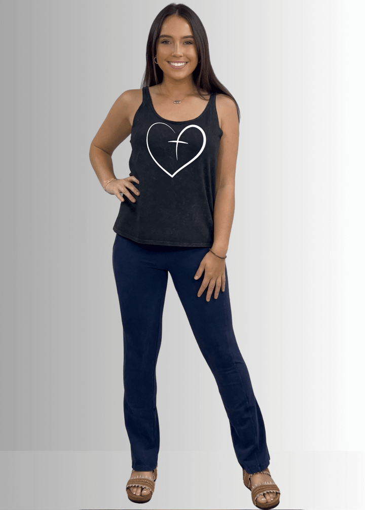 Made in USA Christian White Hear Graphic Women's Sustainable durable premium America-made cotton tank top, Mineral Washed Vintage Look in Black | Classy Cozy Cool Made in America Boutique