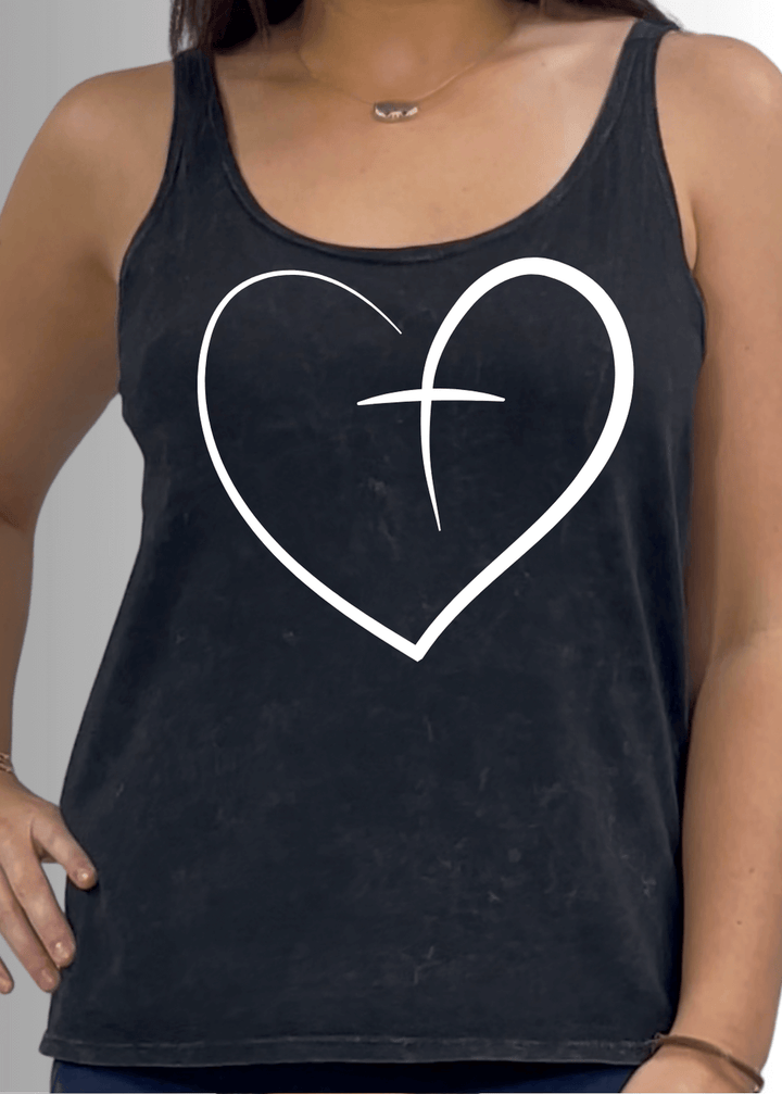 Made in USA Christian White Hear Graphic Women's Sustainable durable premium America-made cotton tank top, Mineral Washed Vintage Look in Black | Classy Cozy Cool Made in America Boutique