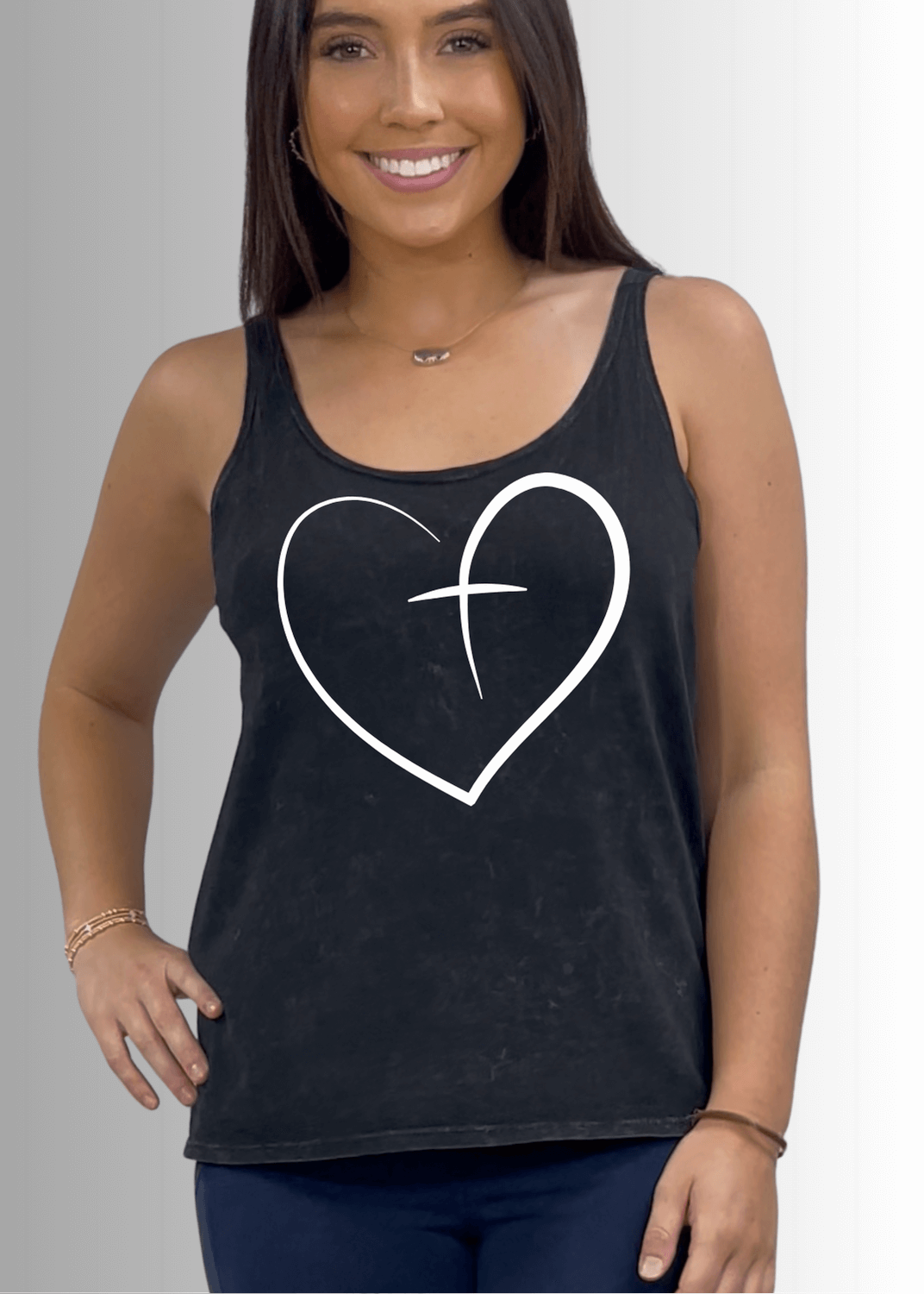 Made in USA Christian White Hear Graphic Women's Sustainable durable premium America-made cotton tank top, Mineral Washed Vintage Look in Black | Classy Cozy Cool Made in America Boutique