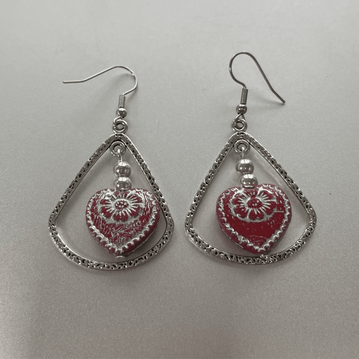 Natural Stone Jewelry Designed and Made in USA, Vintage Red Glass Heart Hoop Earrings | Classy Cozy Cool Made in America Boutique