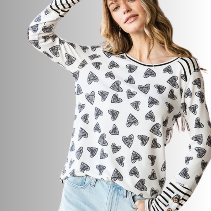 Ladies Valentine Heart Print Stripe Contrast Top Made in USA | Colors: Black & Off White Round Neck Curved hem | Made in America Women's Clothing Boutique