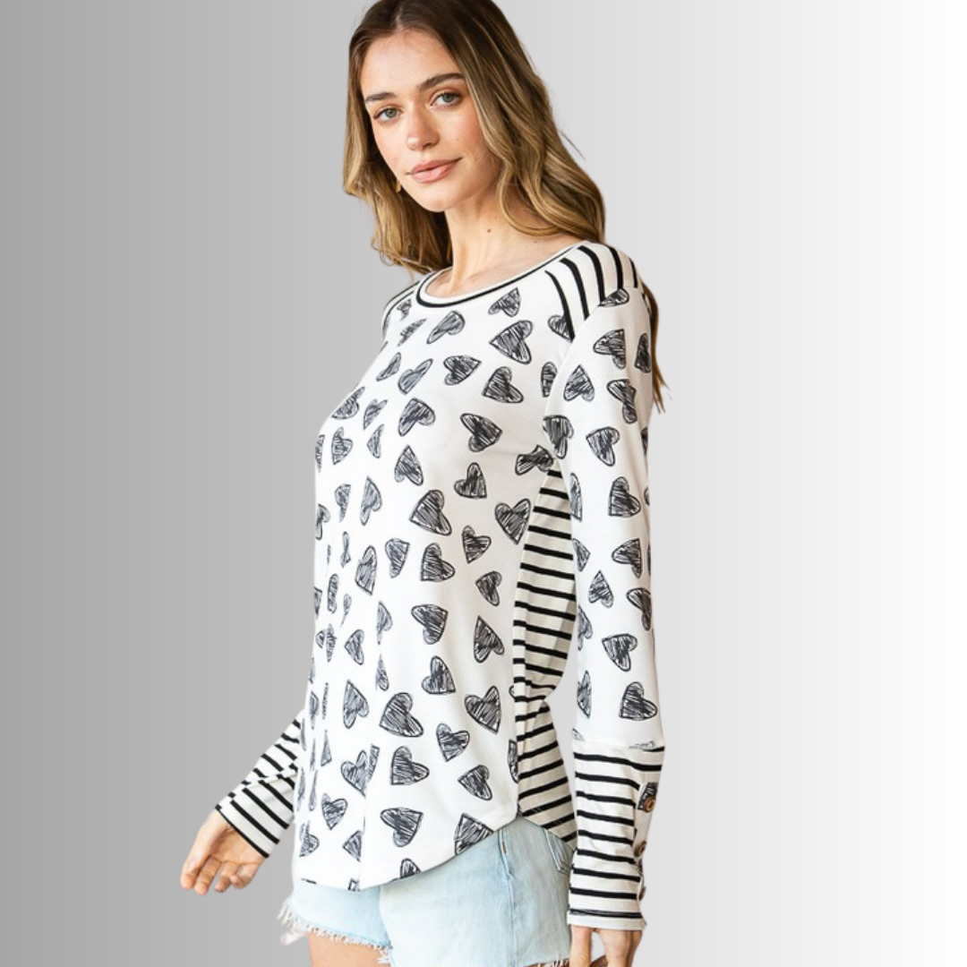 Ladies Valentine Heart Print Stripe Contrast Top Made in USA | Colors: Black & Off White Round Neck Curved hem | Made in America Women's Clothing Boutique