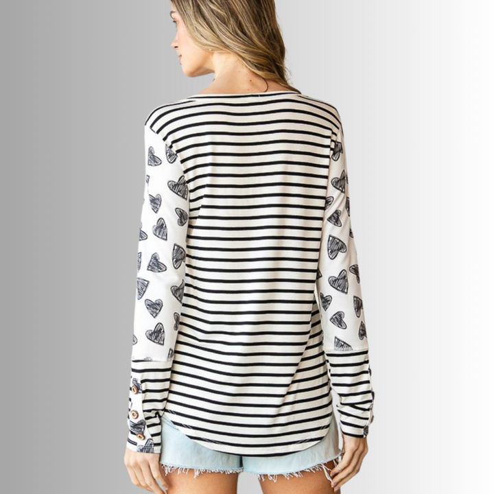 Ladies Valentine Heart Print Stripe Contrast Top Made in USA | Colors: Black & Off White Round Neck Curved hem | Made in America Women's Clothing Boutique