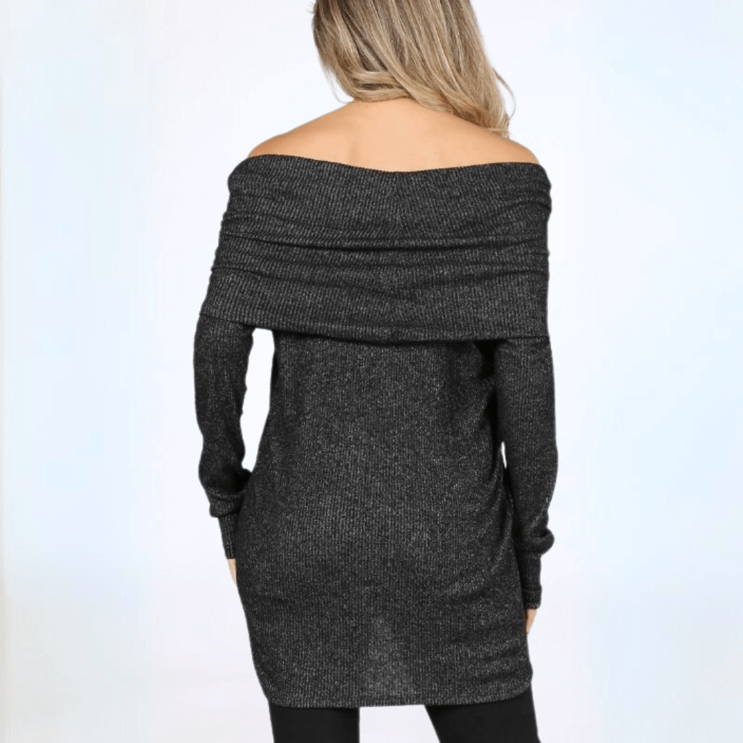 Made in USA Women's Versatile Cowl Neck Long Sleeve Sweater Tunic in Heather Black, Can also be worn off the shoulder | Classy Cozy Cool Made in America Boutique