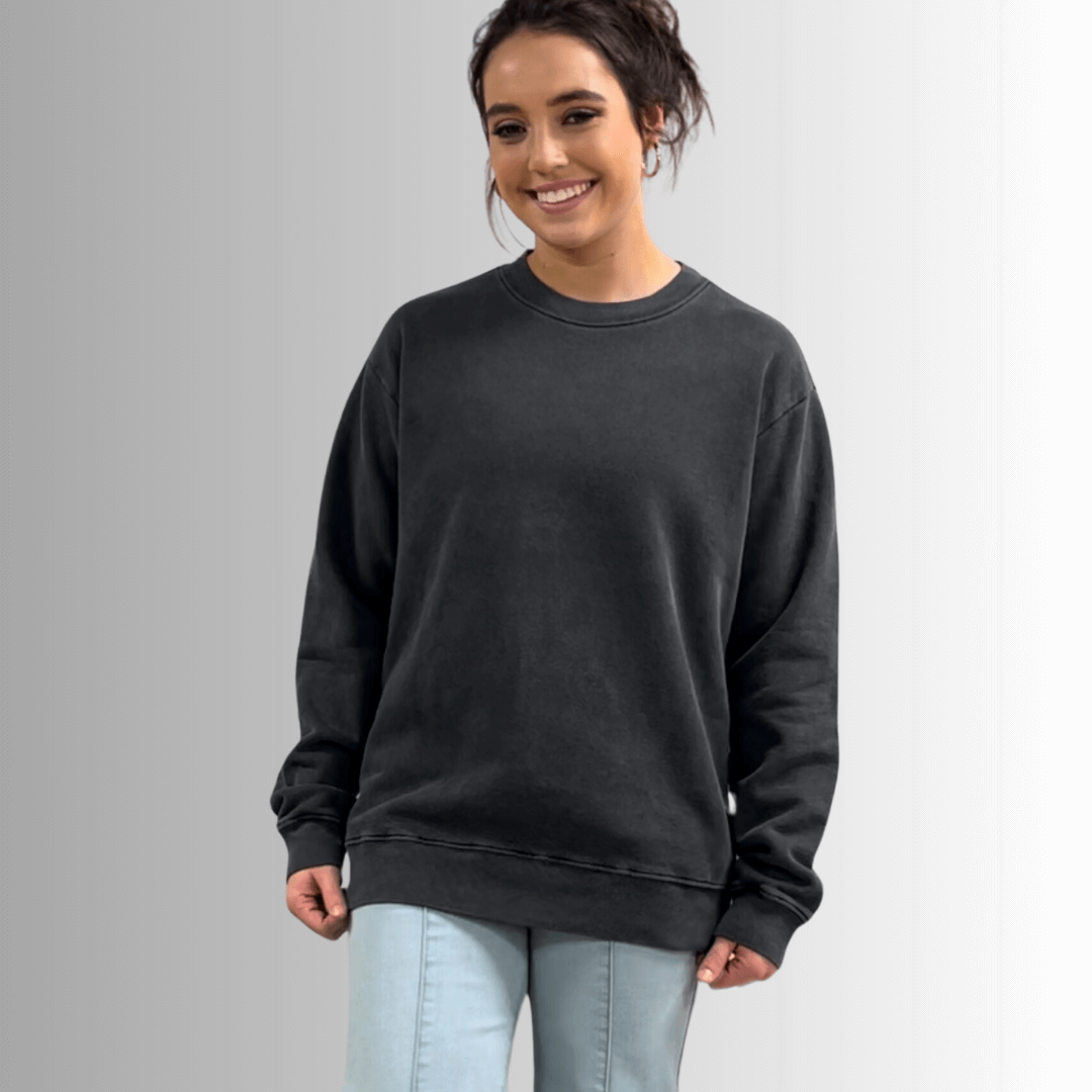 Made in USA Women's Heavyweight Pigment Dyed Cotton Fleece Sweatshirt in Washed Black | Classy Cozy Cool Made in America Boutique