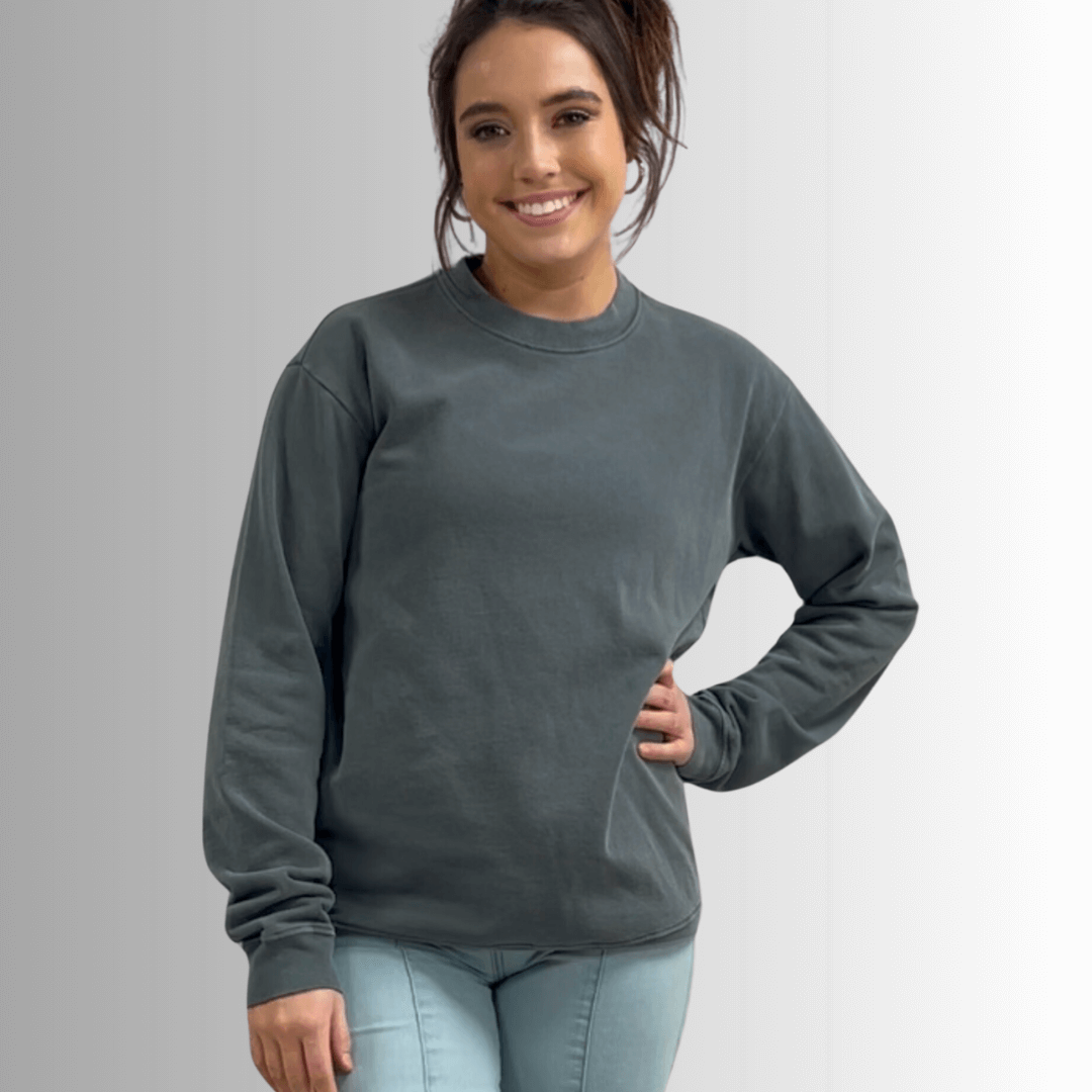 Made in USA Women's Heavyweight Pigment Dyed Cotton Fleece Sweatshirt in Evergreen | Classy Cozy Cool Made in America Boutique