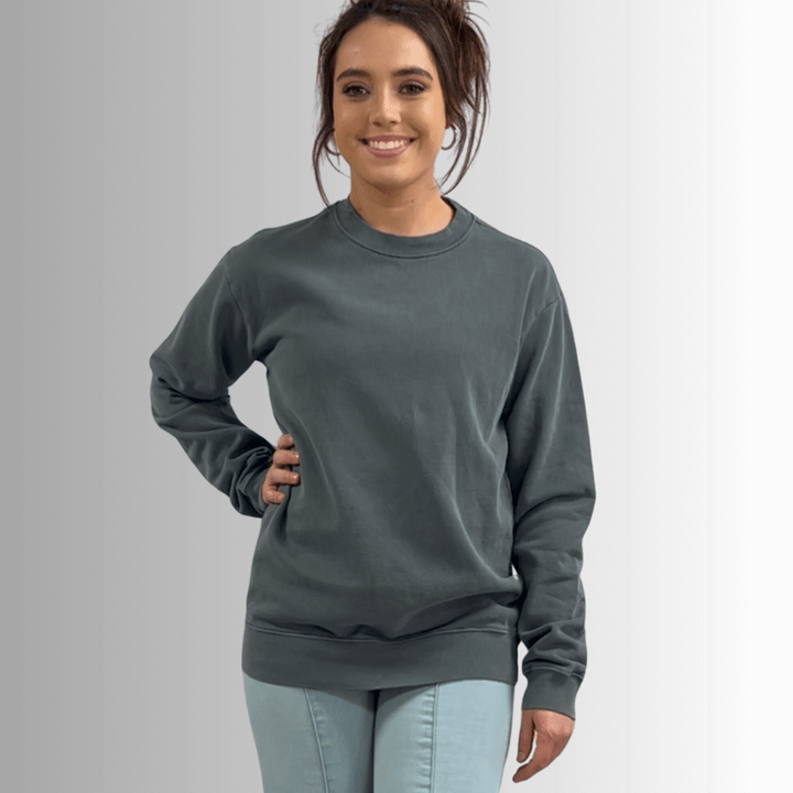 Made in USA Women's Heavyweight Pigment Dyed Cotton Fleece Sweatshirt in Evergreen | Classy Cozy Cool Made in America Boutique