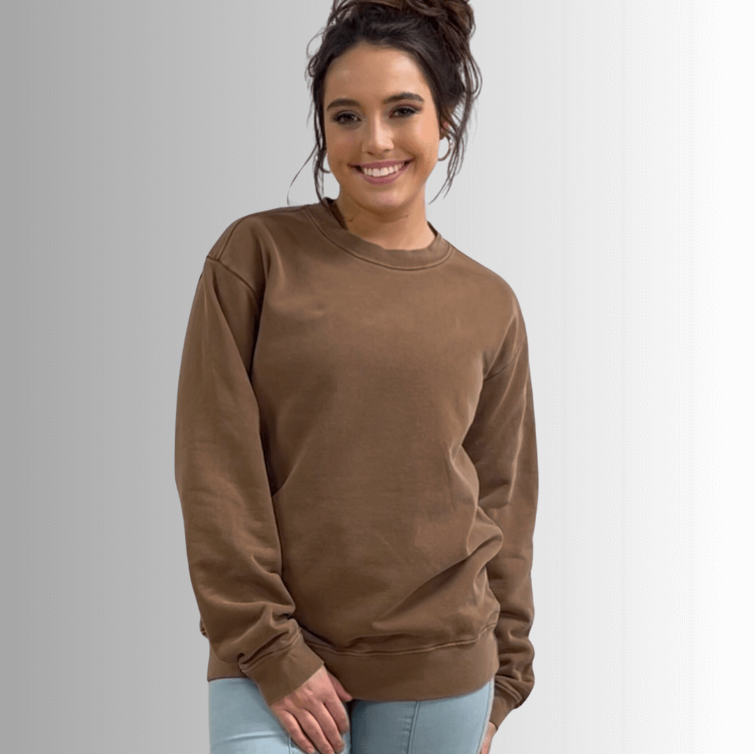 Made in USA Women's Heavyweight Pigment Dyed Cotton Fleece Sweatshirt in Mocha Brown | Classy Cozy Cool Made in America Boutique